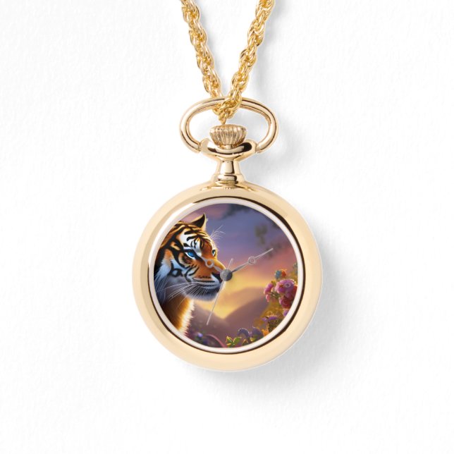 青い目の虎とピンクの花 腕時計 (正面)