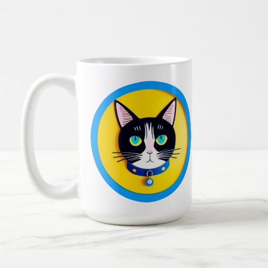 青い目の黒白猫のイラスト コーヒーマグカップ (左)