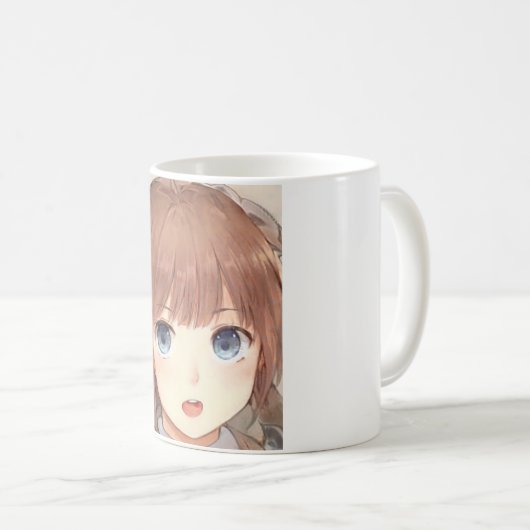 青い目をしたアニメの茶色い髪の女の子は驚いた コーヒーマグカップ (正面右)