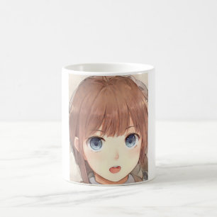 青い目をしたアニメの茶色い髪の女の子は驚いた コーヒーマグカップ