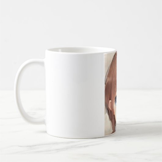 青い目をしたアニメの茶色い髪の女の子は驚いた コーヒーマグカップ (左)