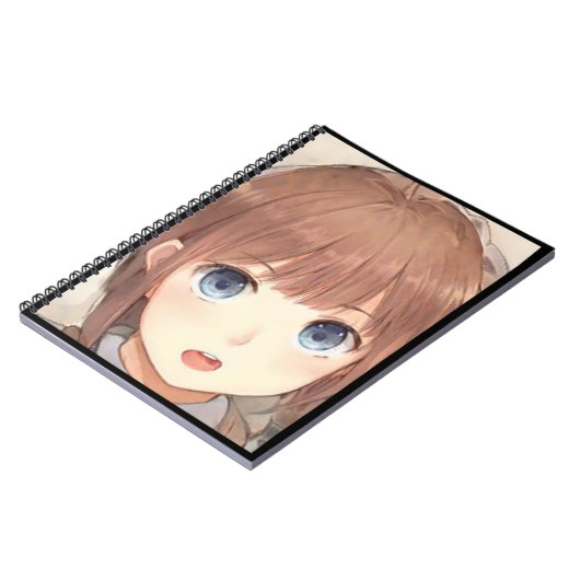 青い目をしたアニメの茶色い髪の女の子は驚いた ノートブック (左側)