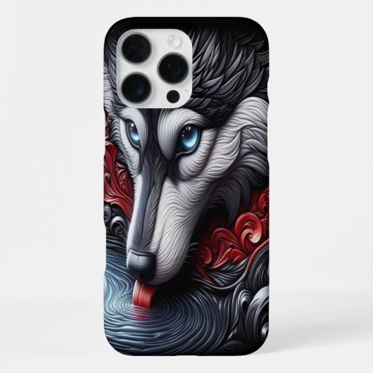 青い目をしたオオカミの水面反射シーン iPhoneケース (裏面)