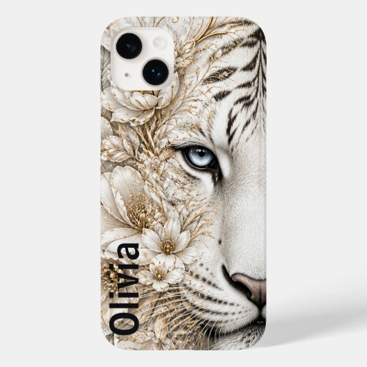 青い目をしたホワイトタイガーの花柄アート Case-Mate iPhoneケース (裏面)