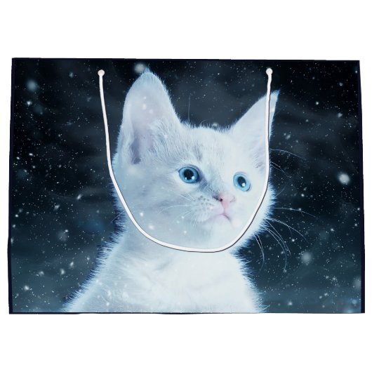 青い目をした可愛いかわいらし白い子猫 ラージペーパーバッグ (裏面)