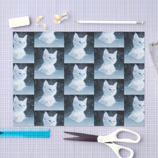 青い目をした可愛かわいらしい白いパターン（の模様が）ある子猫 薄葉紙 (クラフト)