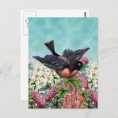 青い目をした最もかわいい鳥が花の上を飛んでいる ポストカード (正面/裏面)
