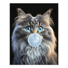 青い目をした猫が青い風船ガムを吹いている フォトプリント