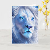 青い目をした美しい白い神秘的なライオン カード (黄色い花)