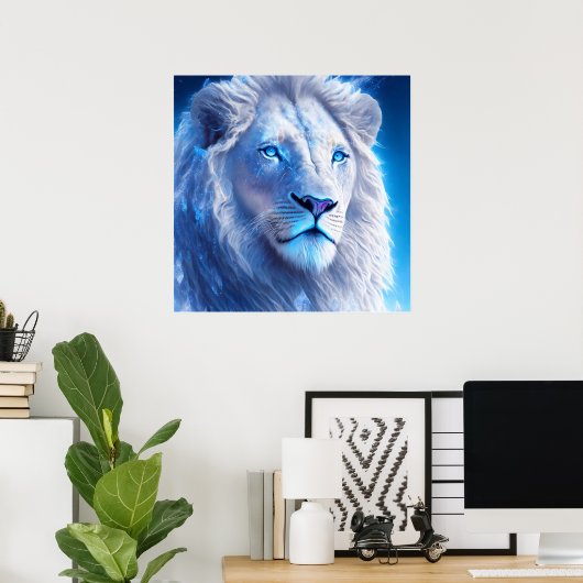 青い目をした美しい白い神秘的なライオン ポスター (ホームオフィス)