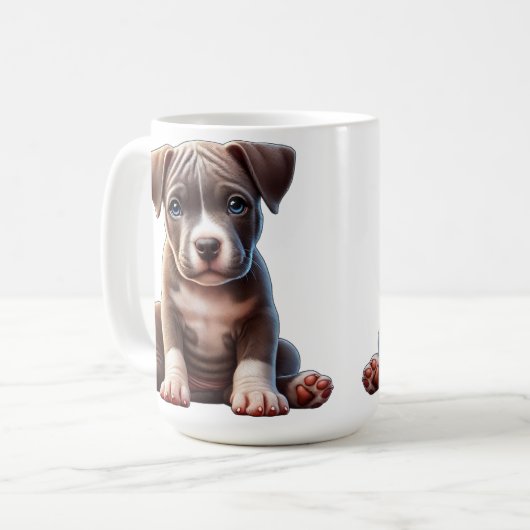 青い目を座って無邪気に見える子犬 コーヒーマグカップ (正面左)