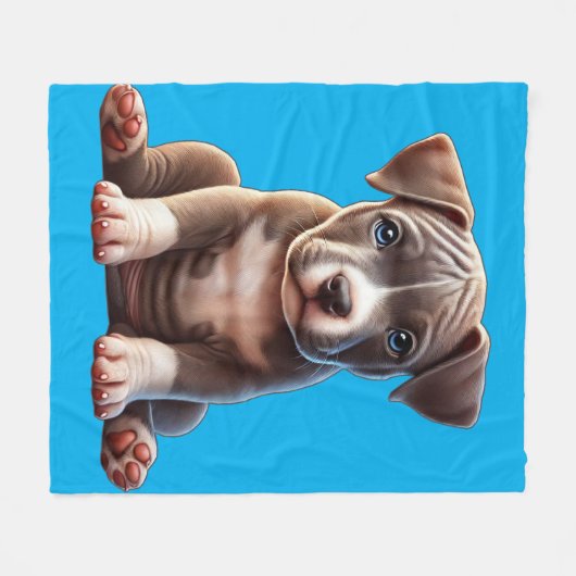 青い目を座って無邪気に見える子犬 フリースブランケット (正面(横))