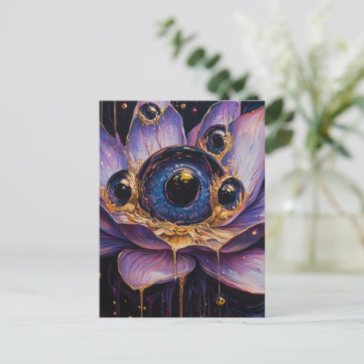 青い目を持つ紫色の非現実的な花 ポストカード (スタンド正面)
