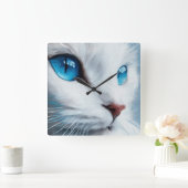青い目を持つ縦白猫 スクエア壁時計 (ホーム)