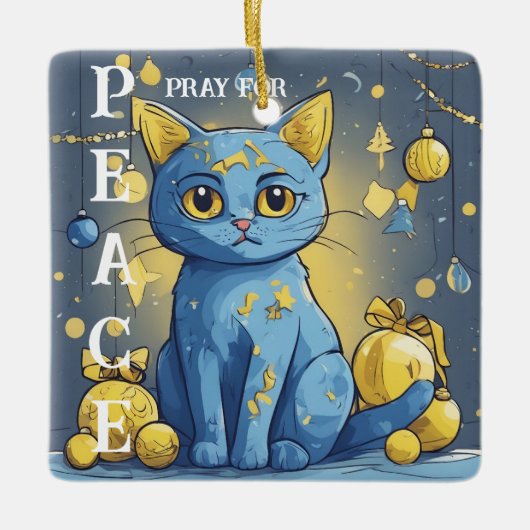 青い目を持つ美しい黄色い猫 – ウクライナ セラミックオーナメント (正面)