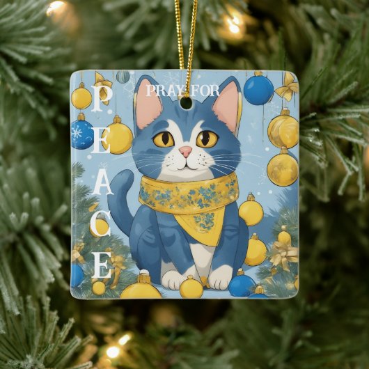 青い目を持つ美しい黄色い猫 – ウクライナ セラミックオーナメント (ツリー)