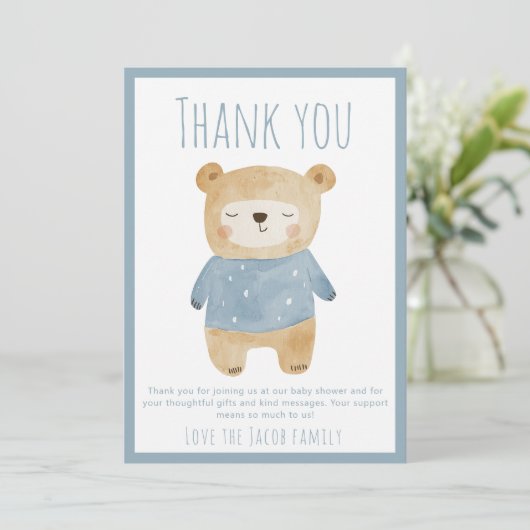青い眠い熊の赤ちゃんシャワー感謝していかわいい サンキューカード (スタンド正面)