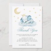 青い眠っている小さな象の赤ちゃんシャワー サンキューカード (正面)