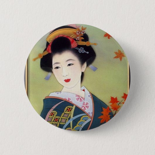 青い着物の日本のな女性 缶バッジ (正面)