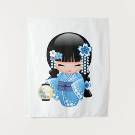青い着物の芸者さんこけし人形 タペストリー