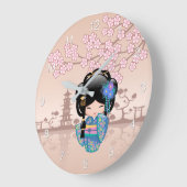 青い着物の芸者さんこけし人形 ラージ壁時計 (傾斜)