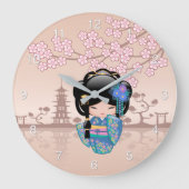青い着物の芸者さんこけし人形 ラージ壁時計 (正面)