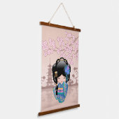 青い着物の芸者さんこけし人形 吊り下げ型タペストリー (傾斜あり)