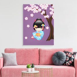 青い着物の芸者さん こけし人形 キャンバスプリント