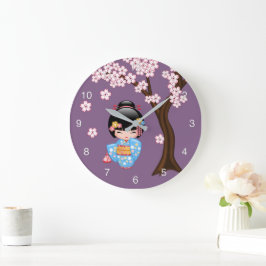 青い着物の芸者さん こけし人形 ラージ壁時計