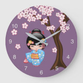青い着物の芸者さん こけし人形 ラージ壁時計 (正面)