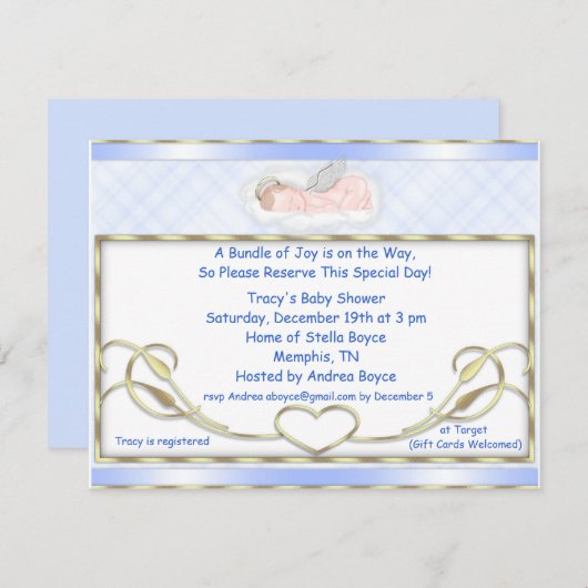 青い睡眠の天使のベビーシャワー招待状 招待状 (正面/裏面)