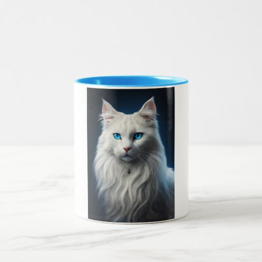 青い瞳の白い猫のマグカップ ツートーンマグカップ (中央)