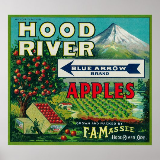 青い矢印アップルクレートラベルフード川、または ポスター (正面)