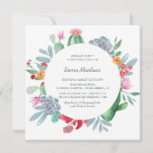 青い砂漠のサボテンの花のリース ブライダルシャワー 招待状 (正面)