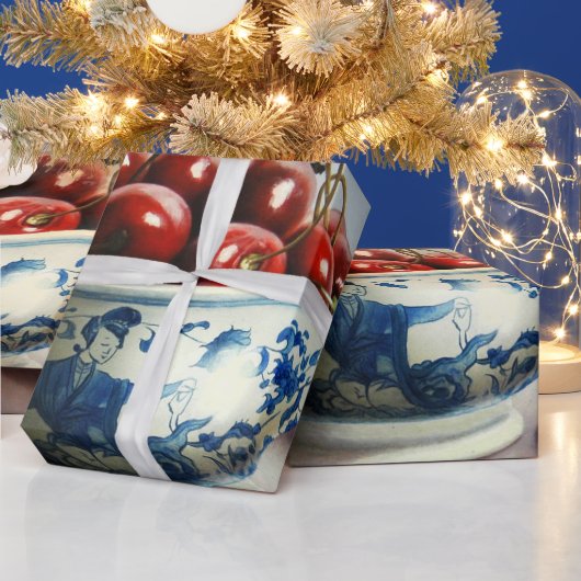 青い磁器とチェリー ラッピングペーパー (クリスマス)