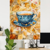 青い磁器のティーカップの水彩画 ポスター (ホームオフィス)