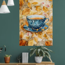 青い磁器のティーカップの水彩画