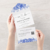 青い磁器のフローラすべてを1つの結婚式の招待 オールインワン招待状 (貼ってはがせる)
