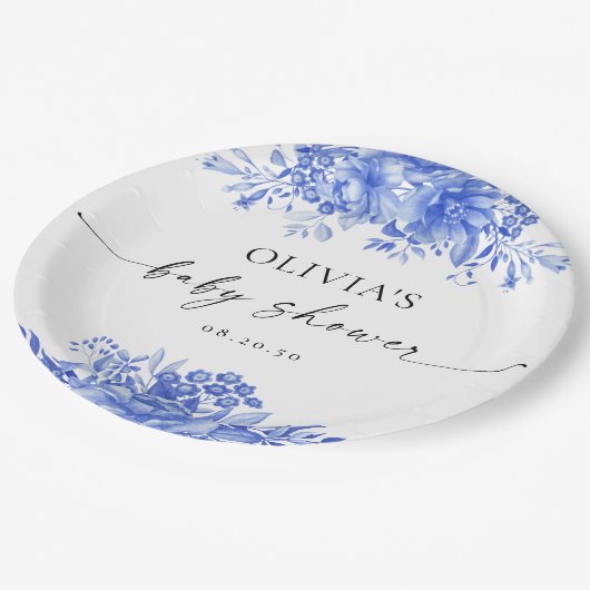 青い磁器のフローラベビーシャワー ペーパープレート (アングル)
