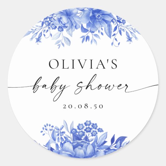 青い磁器のフローラ赤ちゃんシャワーシール ラウンドシール (正面)
