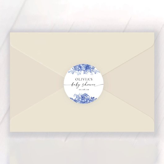 青い磁器のフローラ赤ちゃんシャワーシール ラウンドシール