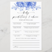 青い磁器のフローラ赤ちゃんシャワー予測カード (正面)