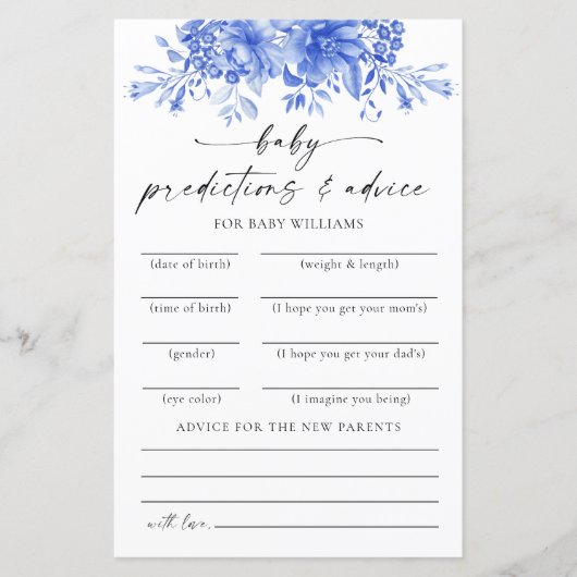 青い磁器のフローラ赤ちゃんシャワー予測カード (正面)