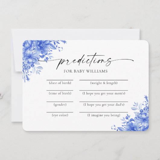 青い磁器のフローラ赤ちゃんシャワー予測カード 招待状 (正面)