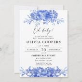 青い磁器のフローラ陳腐な赤ちゃんシャワー 招待状 (正面)