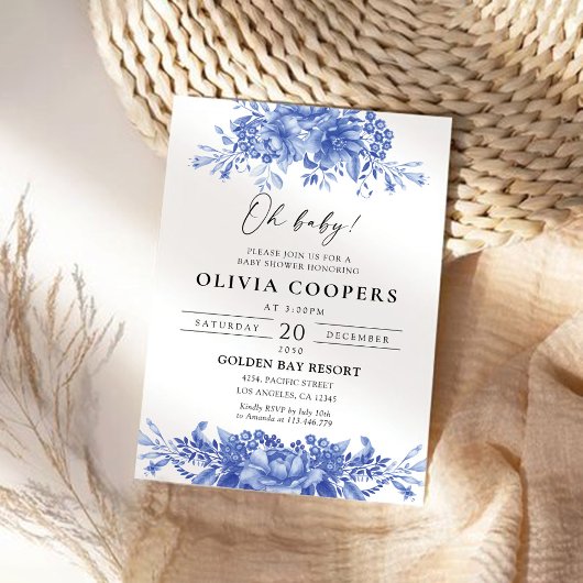 青い磁器のフローラ陳腐な赤ちゃんシャワー 招待状