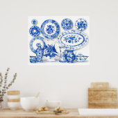 青い磁器の水彩画 ポスター (キッチン)