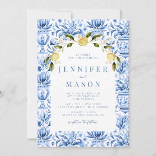 青い磁器タイルbohoアーチ結婚式招待状 招待状 (正面)