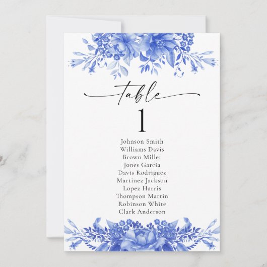 青い磁器結婚のテーブル座席表カード (正面)