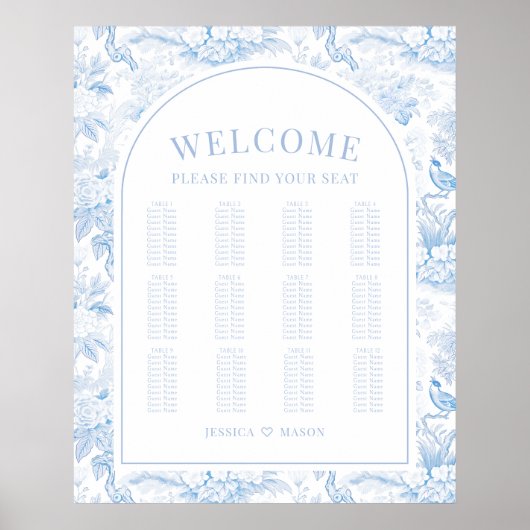 青い磁器bohoアーチ結婚の座席表 ポスター (正面)